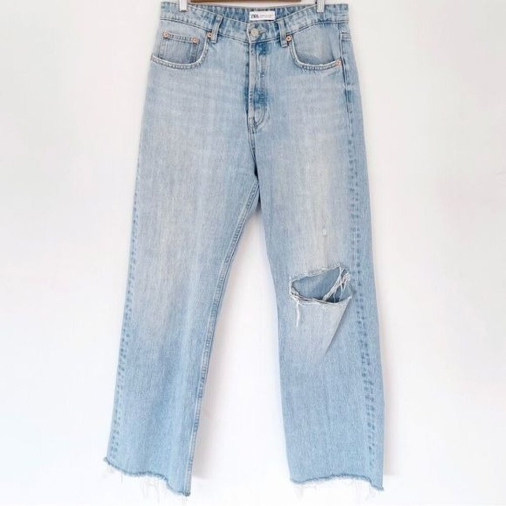 ZARA  STRAIGHT LEG FULL LENGTH HIGH WAISTED DISTRESSED JEANS 8